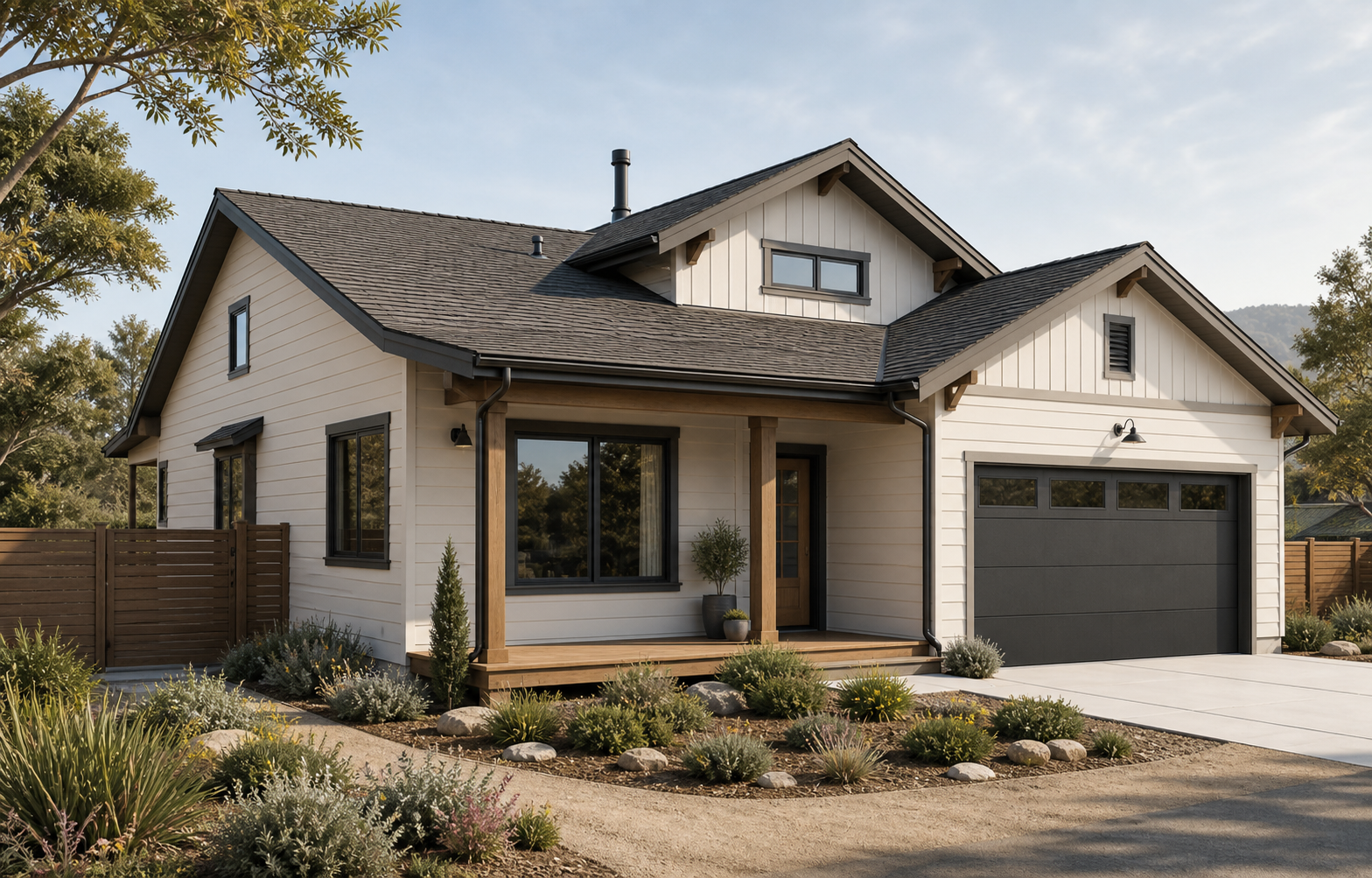 Three-quarter view of a California home with interactive areas